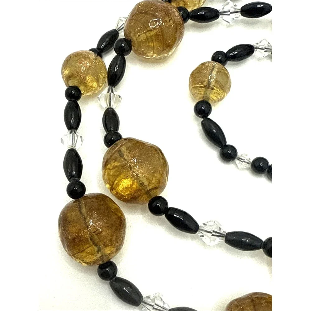 Lampwork Glass Bead Necklace Amber Black Crystal 925 Sterling Silver Clasp 26